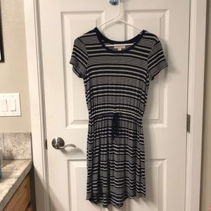 Navy blue, and gray striped dress